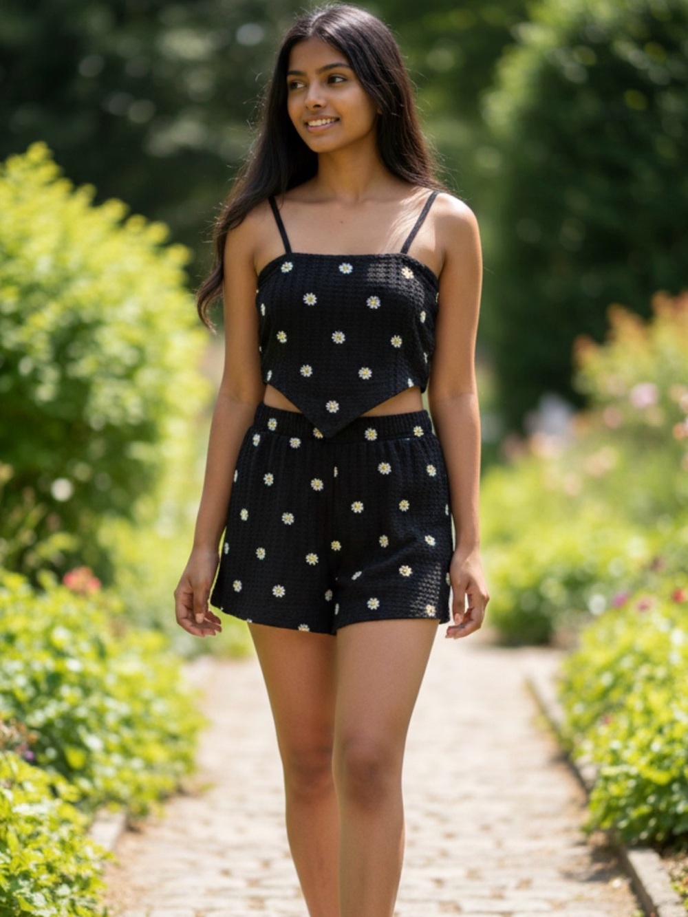 No Boundaries Black Crochet Tank and Shorts Set with Daisy Accent Y2K